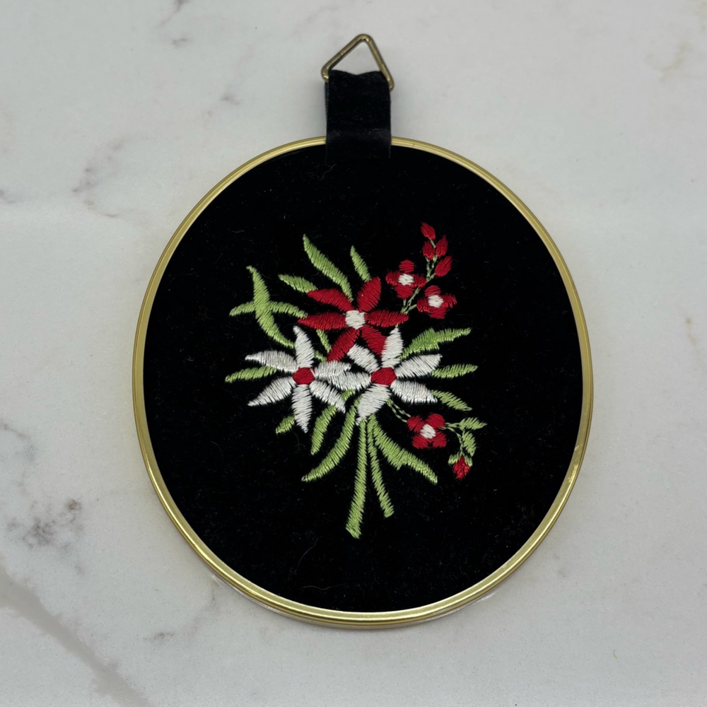 Vintage Red and White Flowers Embroidered on Black Wall Hanging